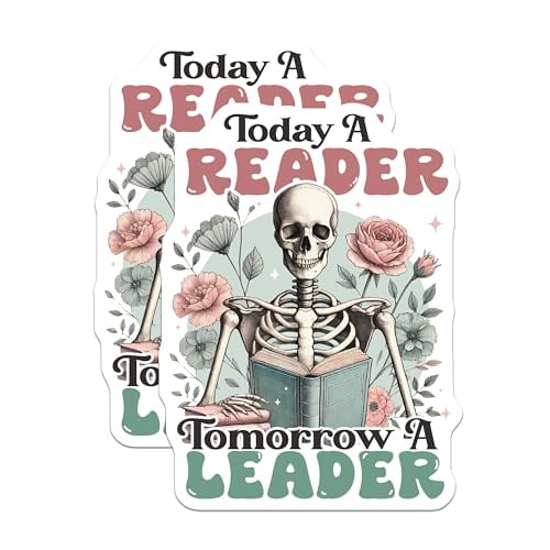 (2 Pack) Today A Reader Tomorrow A Leader Magnets - Skeleton Reading - Flower Design - Inspiring Educational Message - 5" On Longest Side - for Cars, Fridges, Toolboxes - Made in USA - MAG6544