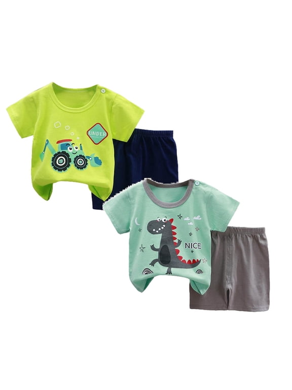 2 Pack Toddler Baby Boy Clothes 3 6 12 18 24 Months 2-6T Summer Outfit Funny Cartoon T-Shirts Top Shorts Set