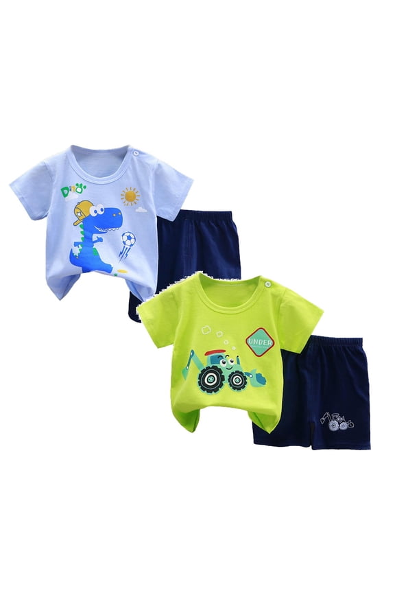 2 Pack Toddler Baby Boy Summer Clothes 3 6 9 12 18 24 Months 2-6T Short Sleeve Cartoon T Shirt Top Short Infant Newborn Baby Outfit