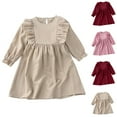thumbnail image 1 of 2 Pack Toddler Girls Cotton Linen Dresses Long Sleeve 2-8 Years Kids Cute Ruffle A-Line Crewneck Solid Color Pullover Vintage Babydoll Dress, 1 of 8