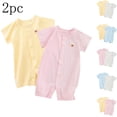 thumbnail image 1 of 2 Pack Toddler Romper Short Sleeve Crew Neck Button Down Print Onesies Summer Cute Comfy One Piece Jumpsuit (12 Months, Yellow), 1 of 9