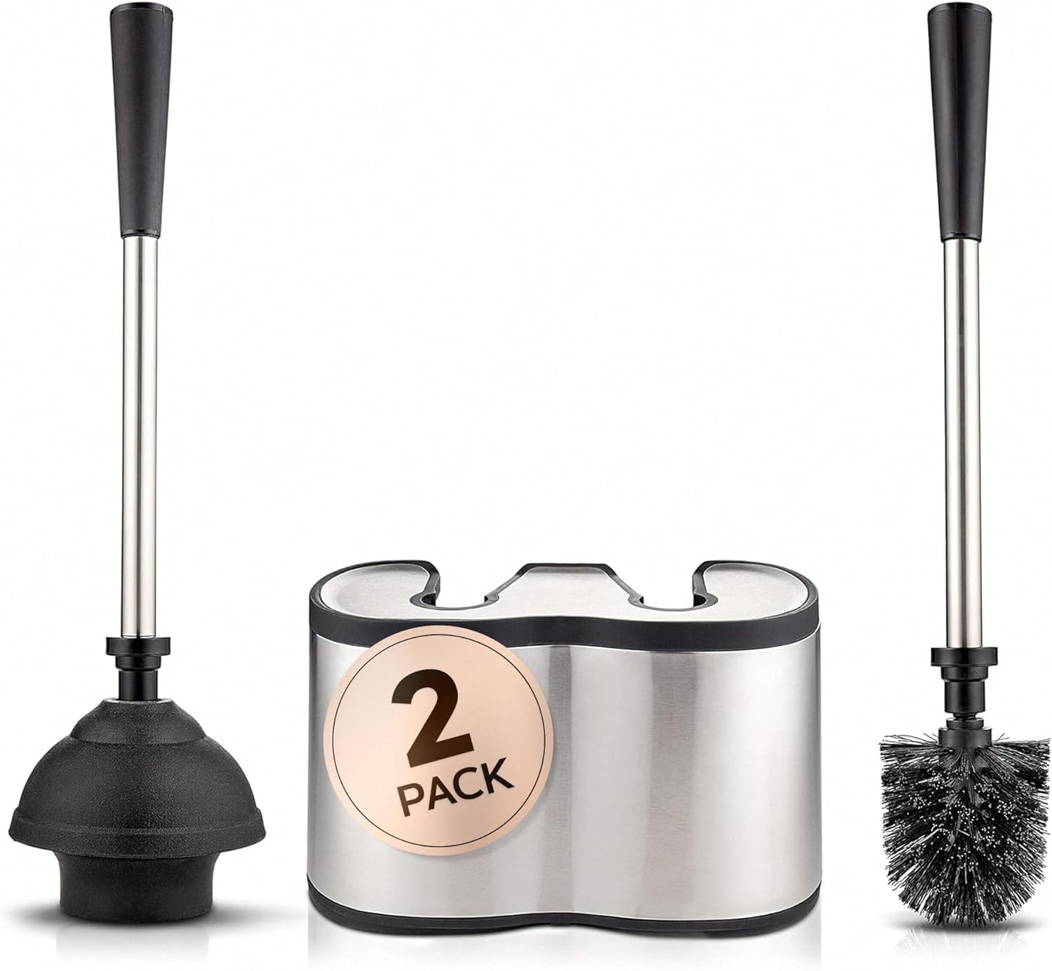 2 Pack ™ Toilet Brush and Plunger Set Stainless Steel Plunger and Toilet Brush Combo with