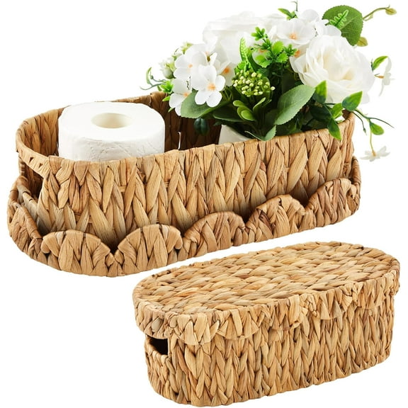 2 Pack Toilet Paper Storage Basket with Lid Two Water Hyacinth Woven Wicker Bathroom Organizer Farmhouse Boho Decorative Toilet Tank Top Holder Bath Accessories