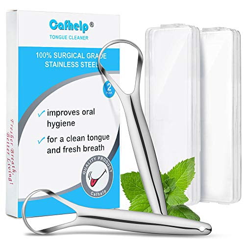 2-Pack Tongue Scraper, 100% Useful Surgical Stainless Steel Tongue Cleaner for Both Adults and Kids, Professional Reduce Bad Breath Metal Tongue Scrapers, Help Your Oral Hygiene (with 2 travel cases)