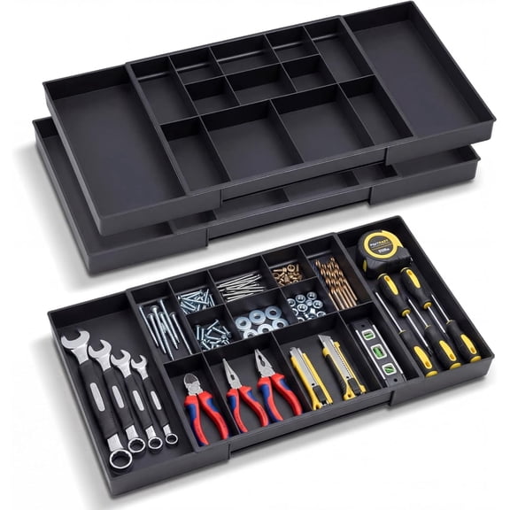 2 Pack Tool Box Organizer Tray Divider, Expandable Desk Drawer Organizer with 12+2 Compartments, 12-20.5 Inch Large Toolbox Storage Tray, Toolbox for Rolling Tool Chest Cart Workbench