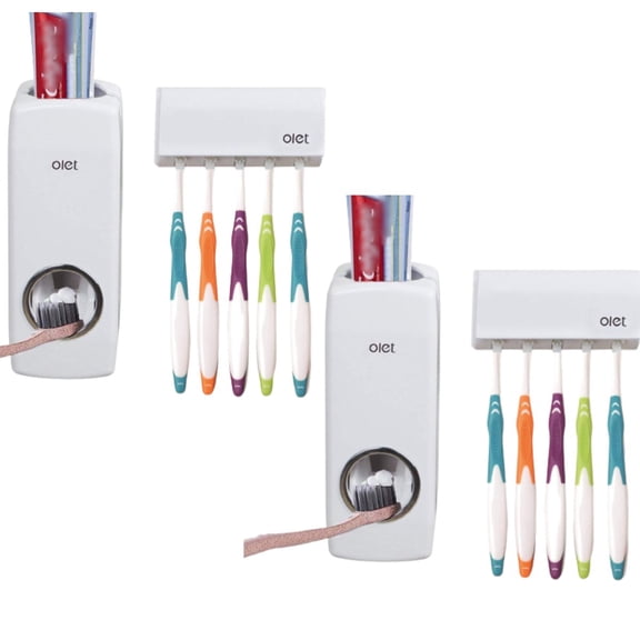2 Pack Toothpaste Dispenser Automatic Toothpaste Squeezer and Holder Set,Toothbrush Holder Wall Mounted No Power Required, - 5 Brush Holder, White