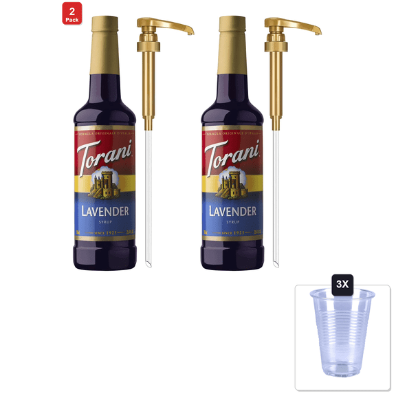 2 Pack | Torani Coffee Syrup, Lavender Flavored Syrup For Drinks, Pump Included, 25.4 Fl Oz & 3x 16oz Plastic Cup with Strawless Sip-Lid