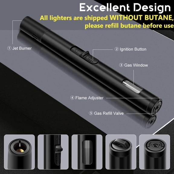 2 Pack Torch Lighters Refillable Butane Lighter with Visible Fuel Window, Windproof Adjustable Jet Flame Long Lighters Matches for Candle, Grill, BBQ, Camping, Fireworks (Butane NOT Included)
