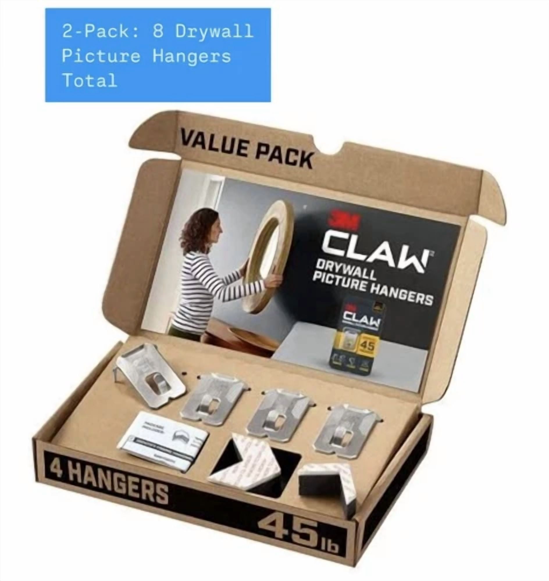 2-Pack (Total Of 8) – 3M Claw Drywall Picture Hangers (45 Lb Capacity) *New*