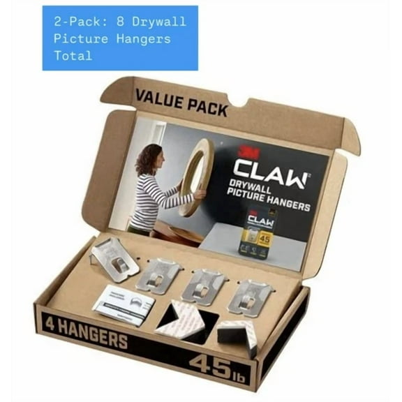 2-Pack (Total Of 8)  3M Claw Drywall Picture Hangers (45 Lb Capacity) *New*