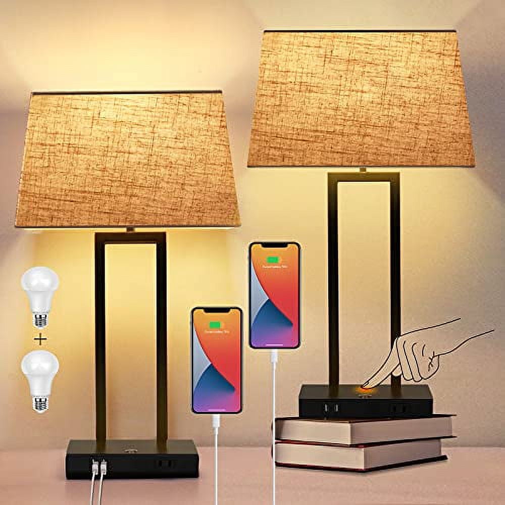 2 Pack Touch Control Bedside Lamp with USB Ports and AC Outlet 3 Way Dimmable Small Table Lamps for Living Room Black Nightstand Lamp Desk Bed Lamps