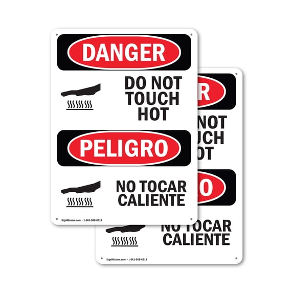 (2 Pack) Do Not Touch Hot Bilingual OSHA Danger Sign 7 Inch X 10 Inch Plastic Sign, Weather Resistant, UV Protected for Workplace, Business, and Construction Site, Made in the USA