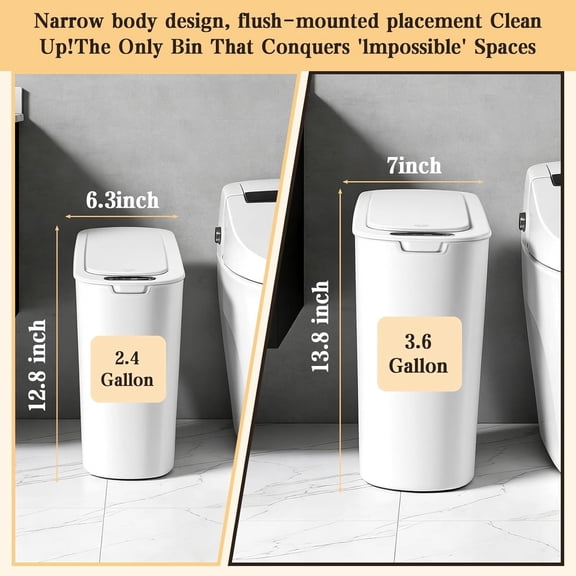2 Pack Touchless Trash Cans with Lids - 5Gal & 2.6Gal Smart Motion Sensor Bins for Bathroom Office Bedroom White