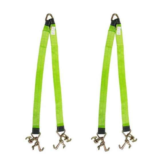 (2 Pack) Tow Straps V Bridle 3" x 48" w/RTJ Clusters, Hi VIZ/HI Abrasion Green Webbing, 5400 lbs WLL | Recovery V Strap w/Reinforced Webbing for Towing, Wrecker, Rollback, Car Hauler
