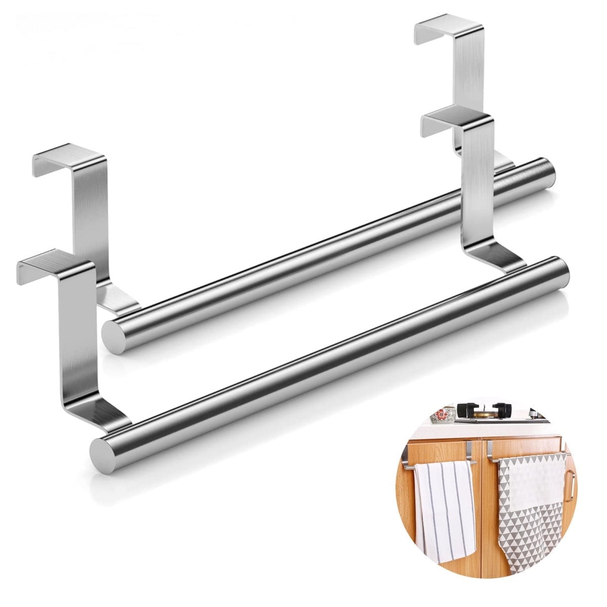 9.25" Silver Stainless Steel Over Cabinet Towel Bar Holders, 2 Pack