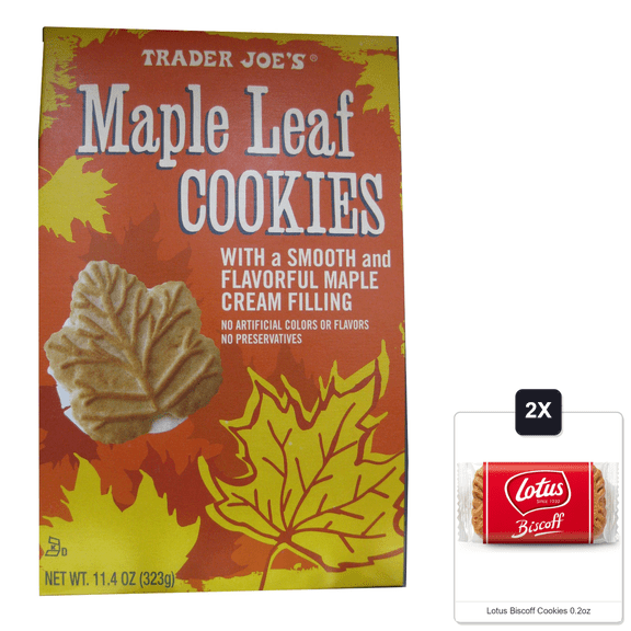 2 Pack Trader Joes Maple Leaf Cookies & 2x Lotus Biscoff Cookies 0.2oz
