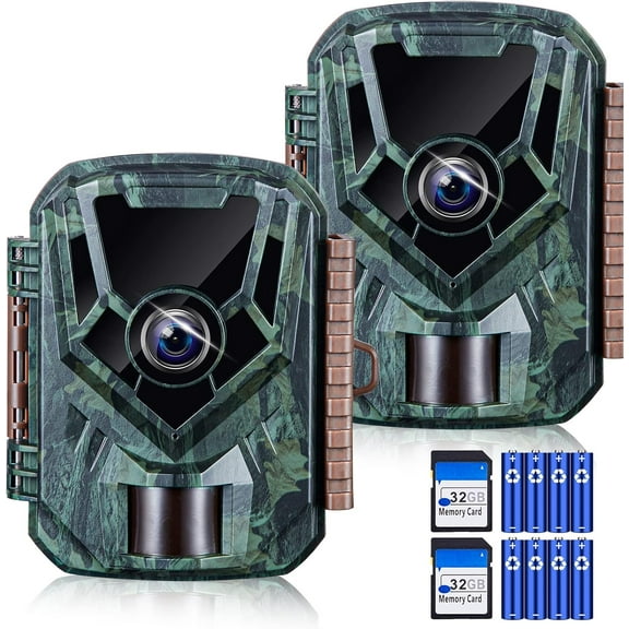 2 Pack Trail Cameras 36MP 2.7K, 32G SD Card and 8AA Batteries, Game Camera with Night Vision Motion ActivatedWaterproof lP66 0.1s Trigger Time w/ 130°Wide-Angle TrailCam for Wildlife Monitoring