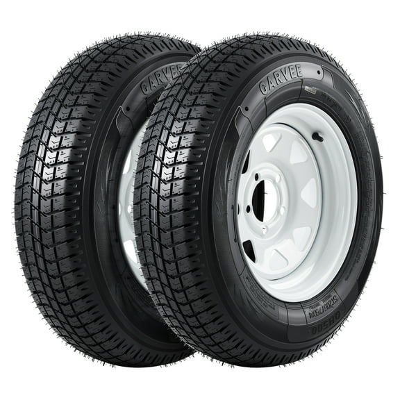 2-Pack Trailer Tire & Wheel Set - ST205/75D14, 6PR Load Range C, 5 Lug 14" White Modular Rims, Bias Tires for Utility, Boat, Camper Trailers, White Rims, PCD