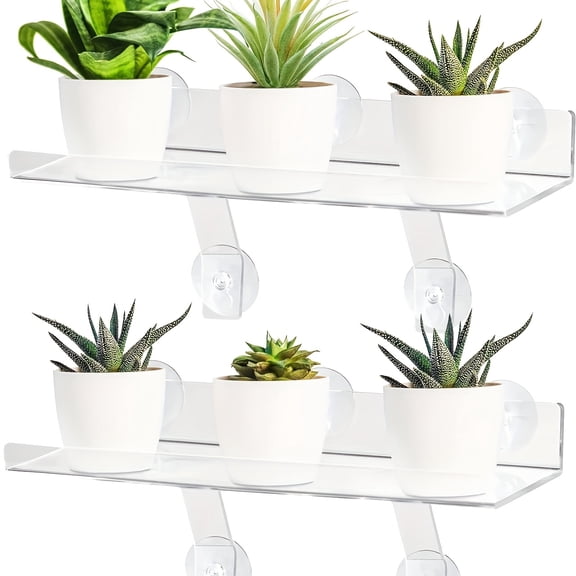 2-Pack Transparent Acrylic Window Sill Extender Shelves with Suction Cups, 15-Inch Lightweight Floating Plant Shelves for Succulents and Indoor Use