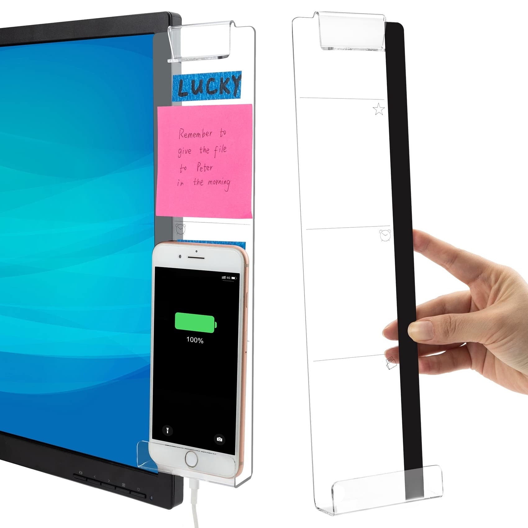 2 Pack Transparent Monitor Side Panel Message Board with Sticky Note and Phone Holder, Multifunction Desk Accessory for Office or Home