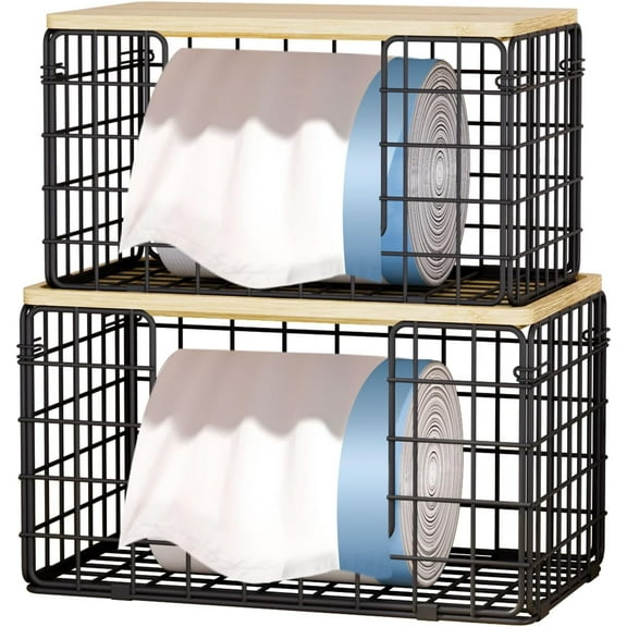 2 Pack Trash Bag Dispenser Under Sink, Trash Bag Holder with Bamboo Top, Garbage Bag Dispenser, Storage Stackable for Kitchen Laundry Organizers Countertop Organization Black