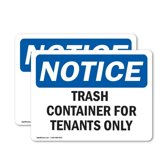 (2 Pack) Trash Container For Tenants Only OSHA Notice Sign 18 Inch X 12 Inch Plastic Sign, Weather Resistant, UV Protected for Workplace, Business, and Construction Site, Made in the