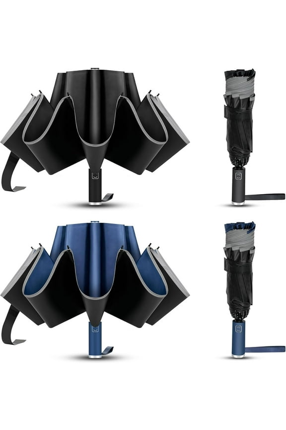 2-Pack Travel Umbrella, Unbreakable 10 RIBS, Windproof Umbrellas for Rain & Sun, Automatic, Foldable Reverse Rain Umbrella for Women Men