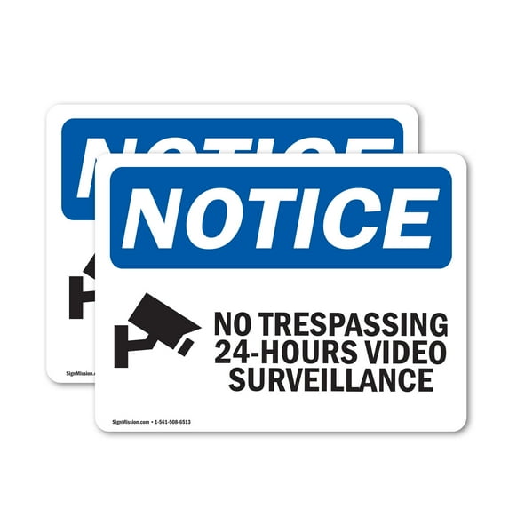 (2 Pack) No Trespassing 24-Hour Video OSHA Notice Sign 10 Inch X 7 Inch Plastic Sign, Weather Resistant, UV Protected for Workplace, Business, and Construction Site, Made in the USA