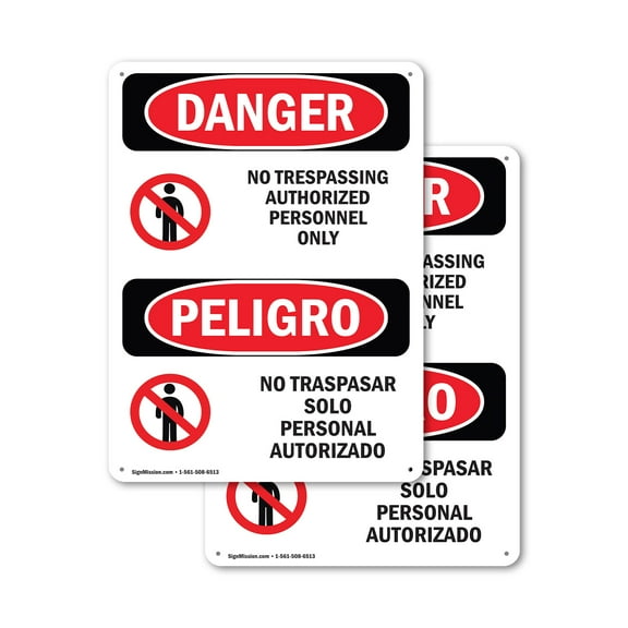 (2 Pack) No Trespassing Authorized Only Bilingual OSHA Danger Sign 12 Inch X 18 Inch Plastic Sign, Weather Resistant, UV Protected for Workplace, Business, and Construction Site, Made