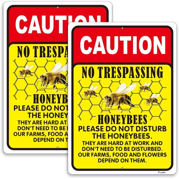 2 Pack No Trespassing Honeybees Sign, 12"x 8" inch Metal Reflective Rust Free Aluminum Sign, Weather Resistant, Waterproof, Durable Ink, Easy to Install