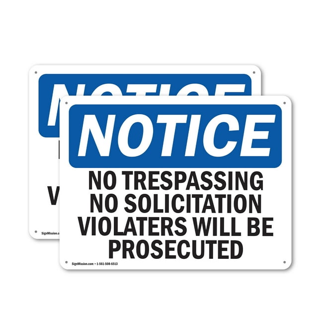 (2 Pack) No Trespassing No Solicitation Violators OSHA Notice Sign 18 Inch X 12 Inch Plastic Sign, Weather Resistant, UV Protected for Workplace, Business, and Construction Site, Made