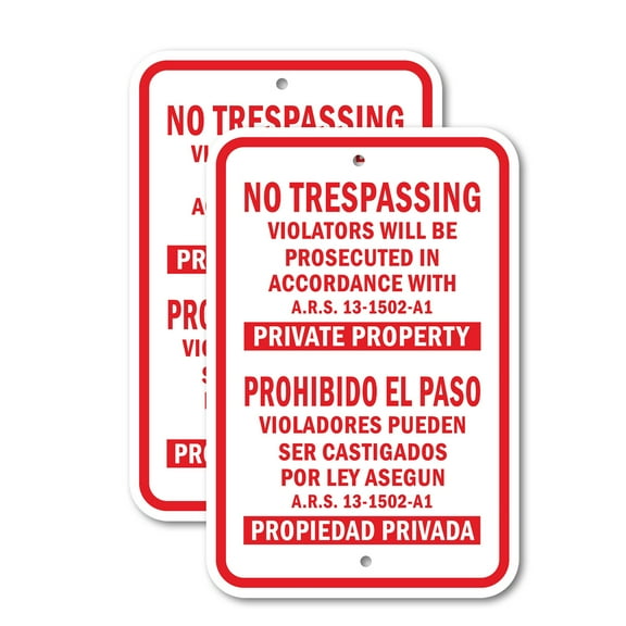 (2 Pack) No Trespassing Violators Will Be Prosecuted In Accordance With ARS 13-1502-A1 Private Property | 18" X 24" Heavy-Gauge Aluminum Sign | Rust Free Aluminum, Weather Resistant,