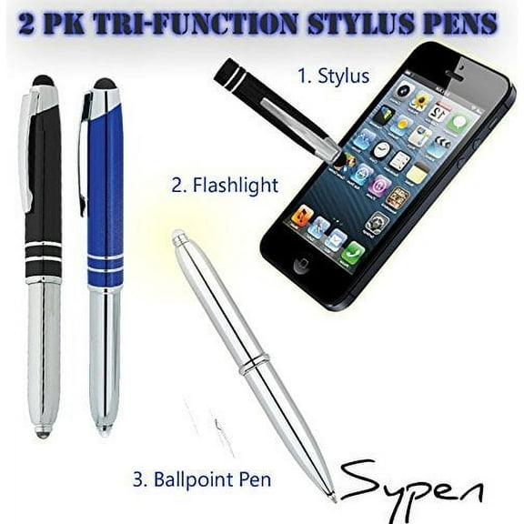 2 Pack Tri-Function Stylus Ballpoint Flashlight Capacitive Styli Pen for Any Touchscreen iPhone, iPad, Tablet & Android Devices Blue/Black