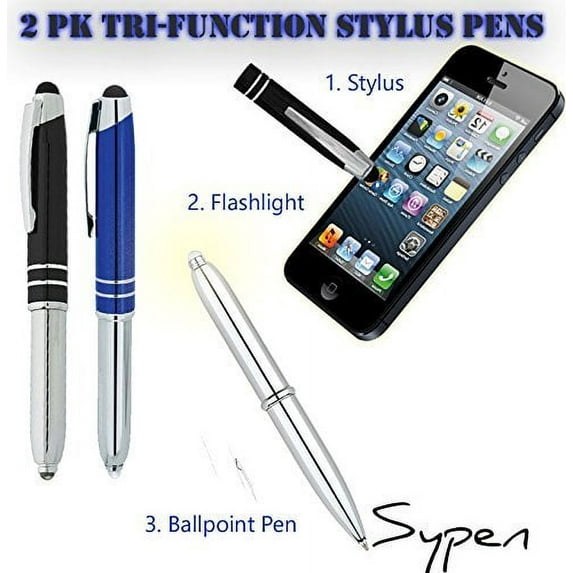 2 Pack Tri-Function Stylus Ballpoint Flashlight Capacitive Styli Pen for Any Touchscreen iPhone, iPad, Tablet & Android Devices Blue/Black