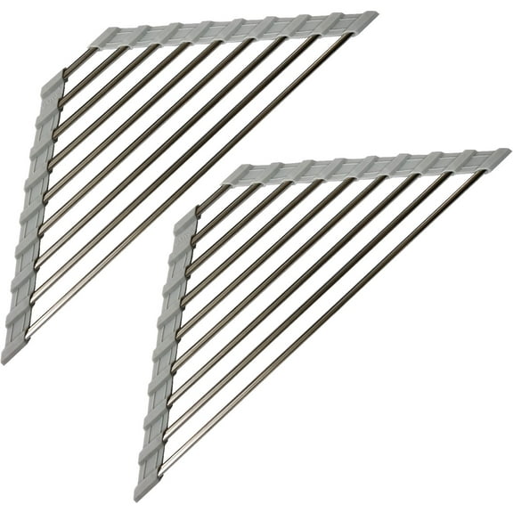 2 Pack Triangle Dish Drying Rack for Sink Corner Roll Up Dish Drying Rack Folding Stainless Steel Multipurpose Over The Sink Corner Dish Drainer Mat for Kitchen Grey