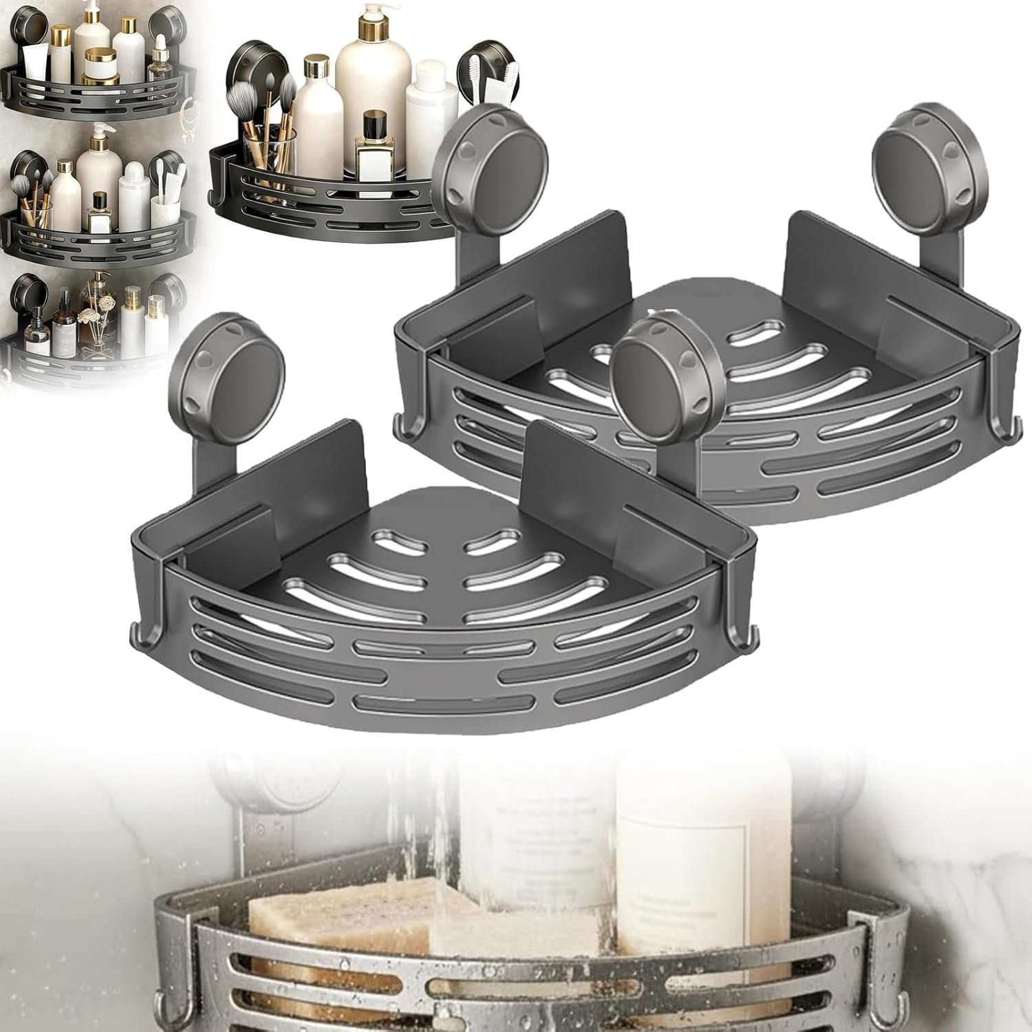 2 Pack Triangle Suction Cup Shower Caddy, Corner No Drill Bathroom Wall Mounted 2 Tier Organizer, Removable Heavy-Duty Strong Hold Bath Organizer Shelves, for Bathroom Hanging Storage (Gray,2Pc)