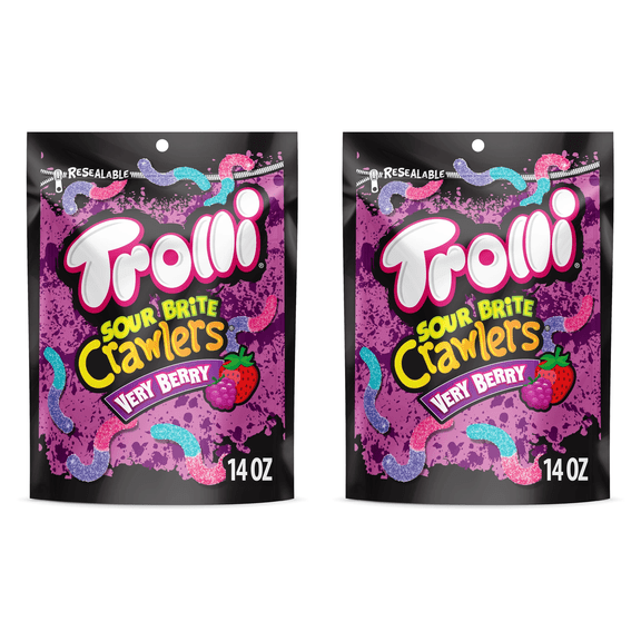 Trolli Sour Brite Crawlers, Candy, Very Berry, Sweet and Sour, Gummy Worms, 14 oz (Pack of 2)