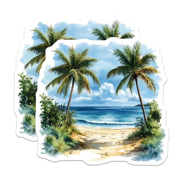 (2 Pack) Tropical Beach Stickers - Ocean View Watercolor - Summer Travel Palm Tree Decal - 5" On Longest Side - Sticks to Smooth Flat Surfaces - Made in USA - BMCS28876