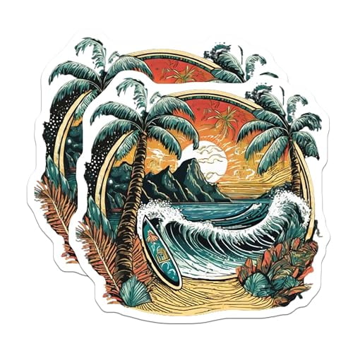 (2 Pack) Tropical Beach Sunset Magnets Magnets - Surf Scene - Coastal Vibes - 5" On Longest Side - Made in USA - Sticks to Refrigerators & Metal Surfaces - MAG9265