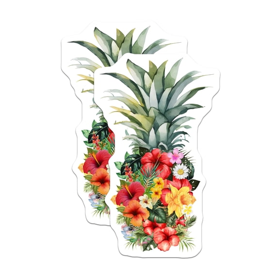 (2 Pack) Tropical Pineapple Stickers - Vibrant Hawaiian Floral Art - Exotic Summer Vacation Decals - 5" On Longest Side - Sticks to Smooth Flat Surfaces - Made in USA - BMCS21144
