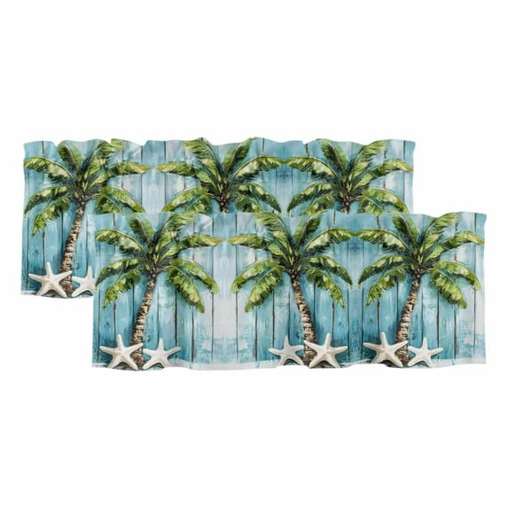 2 Pack Tropical Plant Valance for Window Blue Wood Grain Starfish Vintage Nautical Kitchen Valance Rod Pocket Short Curtain Topper Decorative Window Treatment for Living Room Bedroom 42"x18"