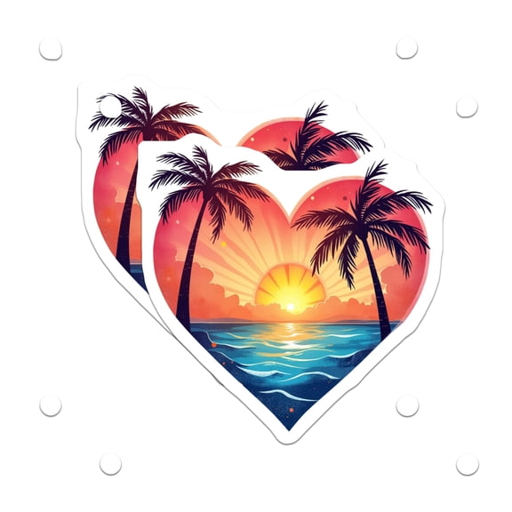 (2 Pack) Tropical Sunset Magnets - Beach Heart Decor - Palm Tree Scene - 5 Inches On Longest Side - Thick Durable Magnet - Made in USA - MAG23863