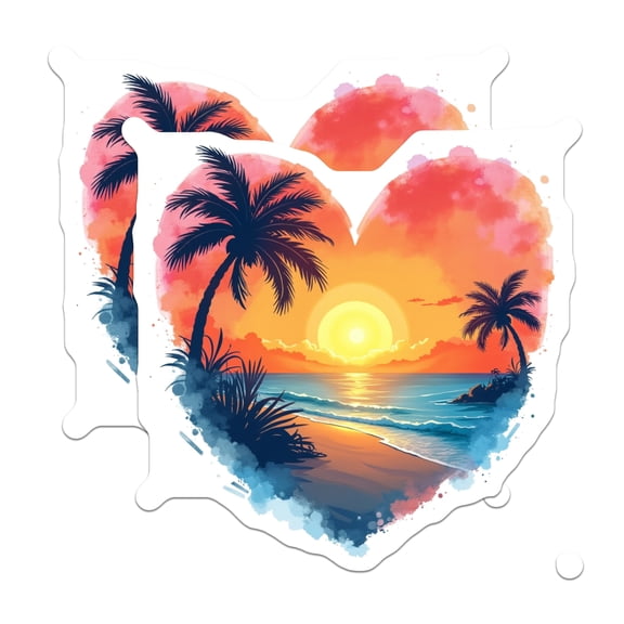 (2 Pack) Tropical Sunset Magnets - Heart Shaped Beach Art - Palm Tree Ocean Scene Decoration - Summer Vacation Fridge Magnets - 5 Inches On Longest Side - Thick Durable Magnet - Made in USA - MAG23682