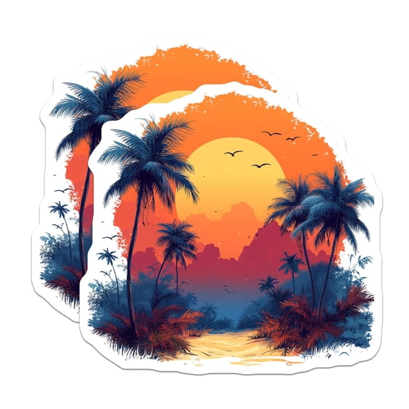 (2 Pack) Tropical Sunset Palm Tree Stickers - Beach Paradise Vacation Decals - Island Summer Aesthetic Vinyl - 5" On Longest Side - Sticks to Smooth Flat Surfaces - Made in USA - BMCS25207
