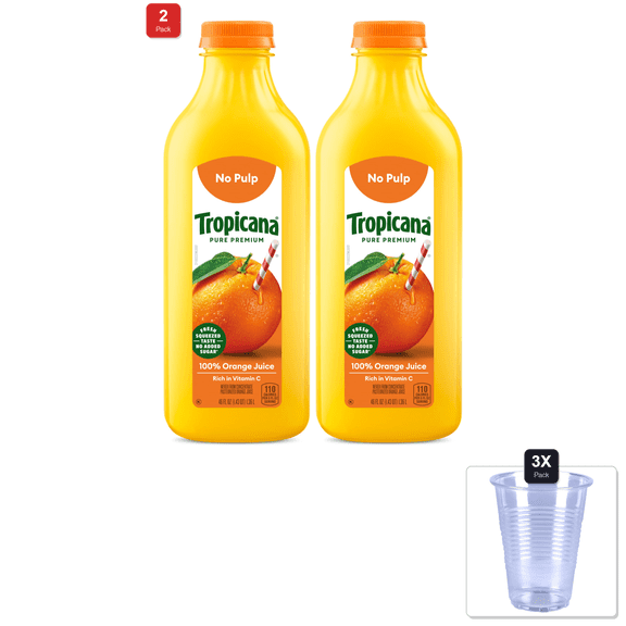 2 Pack | Tropicana Pure Premium 100% Orange Juice Original, No Pulp No Added Sugars, 46 Fl Oz Bottle & 3x Disposable Cup