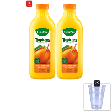2 Pack | Tropicana Pure Premium 100% Orange Juice Original, Some Pulp, No Sugar Added, 46 Fl Oz & 3x Disposable Cup