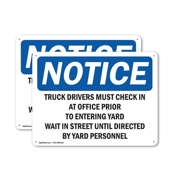 (2 Pack) Truck Drivers Must Check In At Office Prior OSHA Notice Sign 14 Inch X 10 Inch Indoor / Outdoor Rust-Free Aluminum Metal Signs for Workplace, Workshop, and Construction Site,