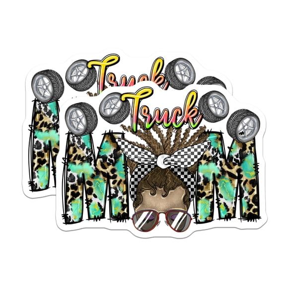 (2 Pack) Truck Mom Messy Bun Stickers - Leopard Print Mama Decal - Auto Enthusiast Sticker - 5" On Longest Side - Sticks to Smooth Flat Surfaces - Made in USA - BMCS30055