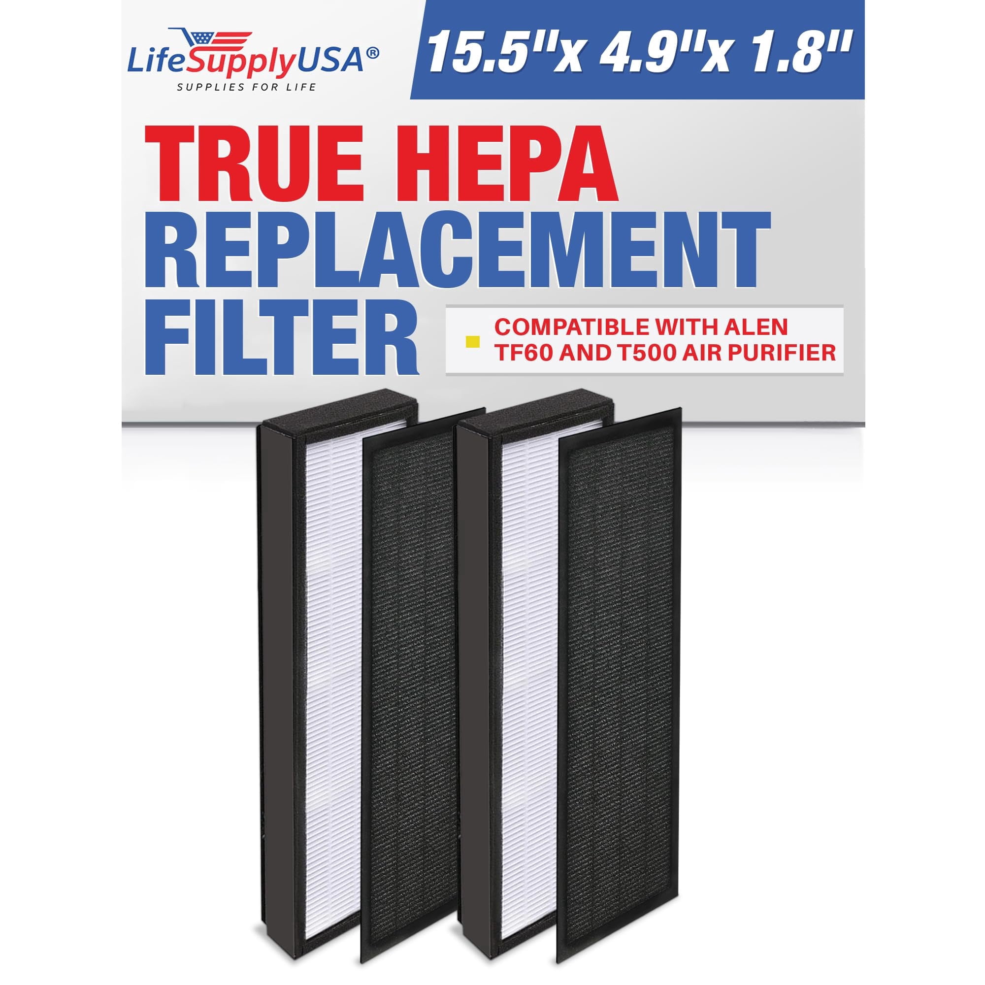TF60 HEPA Filter Replacement Compatible with Alen T500 Air Purifier -True HEPA + Activated Carbon by LifeSupplyUSA (2-Pack)
