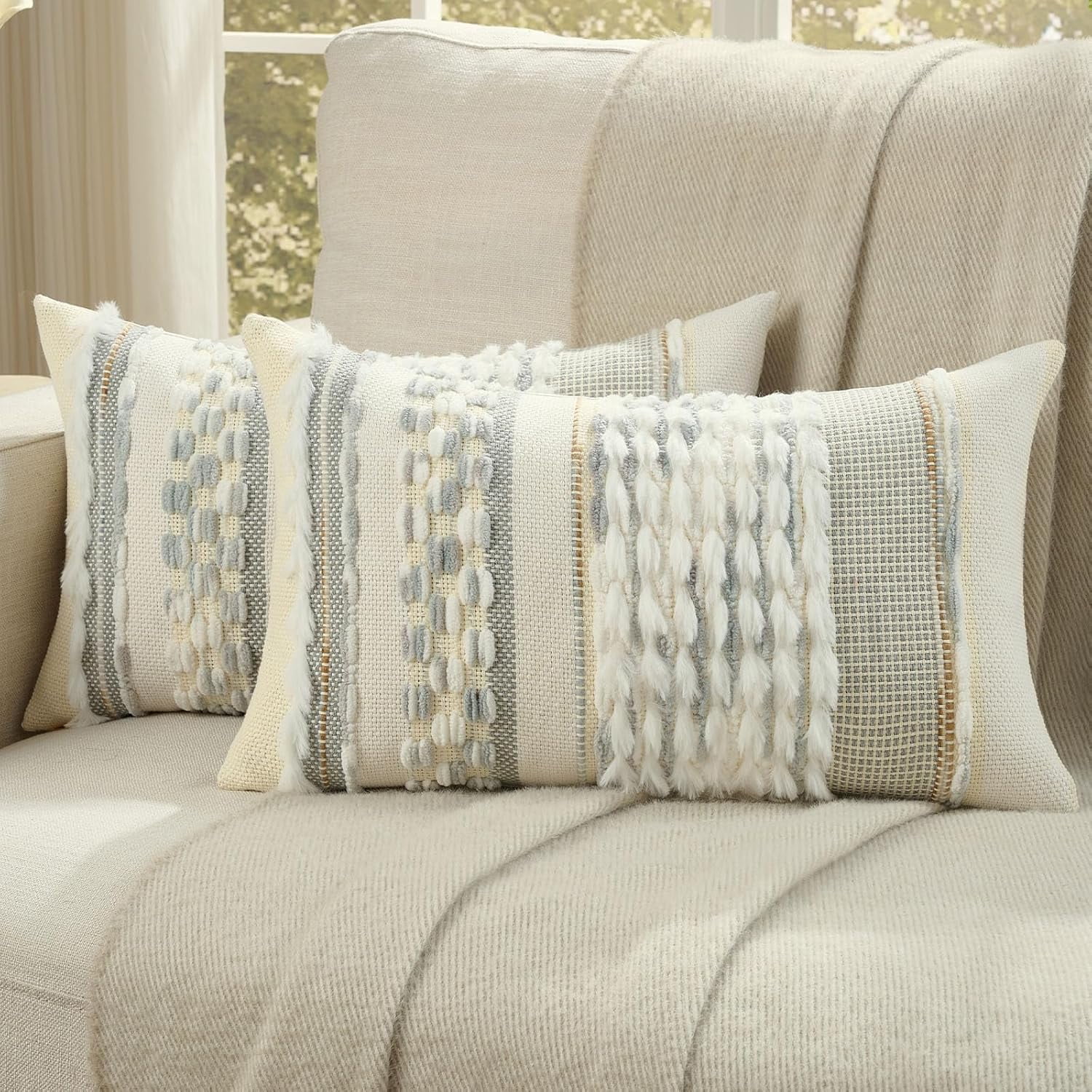 2 Pack Tufted Throw Pillow Covers 12x20 Inch, Grey Blue and White ...